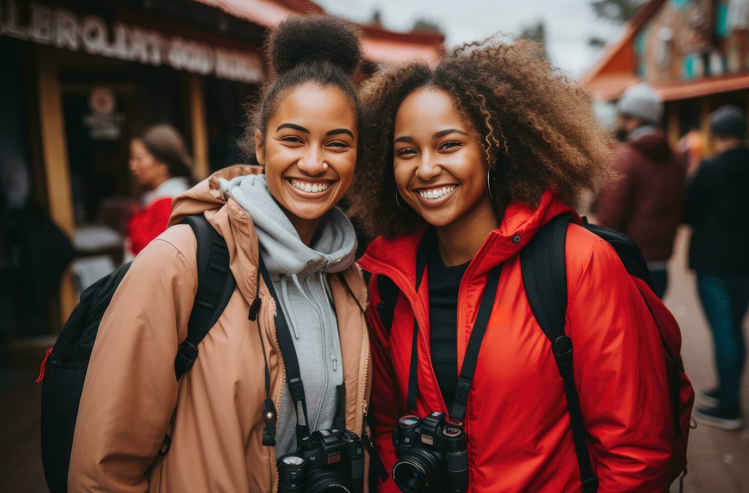 ai gegenereerd twee Dames nemen een selfie in de straat foto