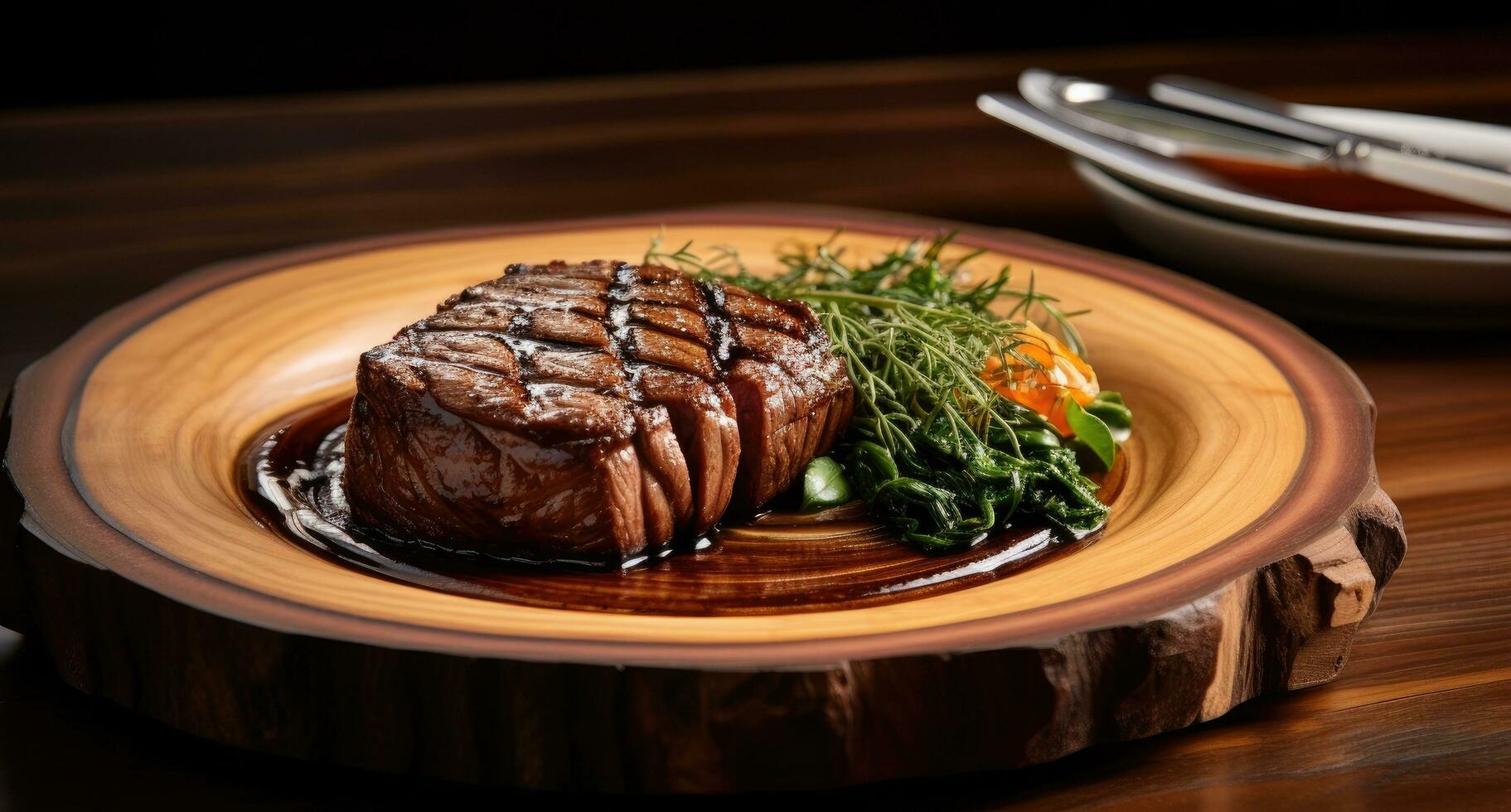ai gegenereerd een gegrild steak zittend Aan een houten tafel, foto