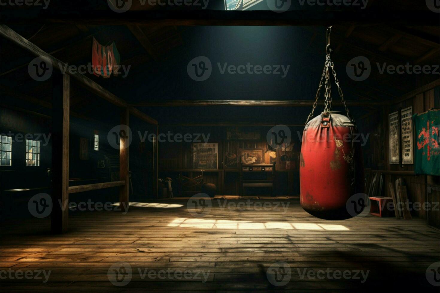 ai gegenereerd retro training ruimte oud wijnoogst Sportschool met een boksen leer foto