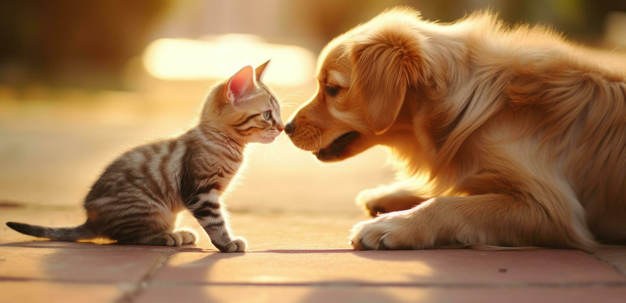 ai gegenereerd een hond is zoenen een katje Aan de verdieping met rood kousen foto