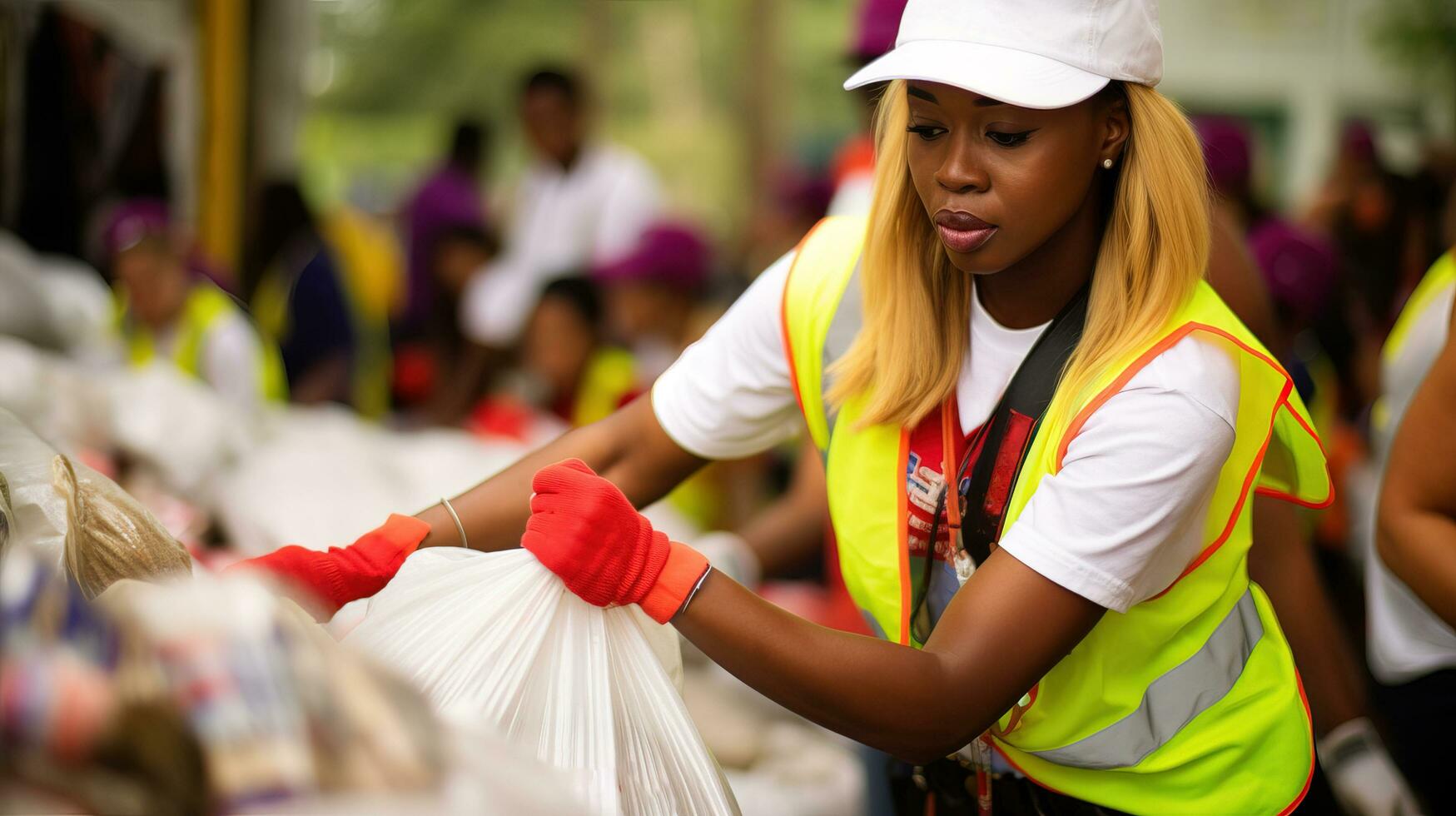 ai gegenereerd mensen komen samen en scheiden vuilnis Bij een recycling evenement voor een schoonmaakster omgeving. generatief ai foto