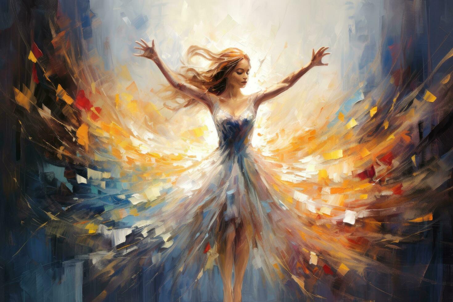 ai gegenereerd mooi jong vrouw in een lang jurk met vliegend haar- in de wind, ,mooi abstract danser schilderen, ai gegenereerd foto
