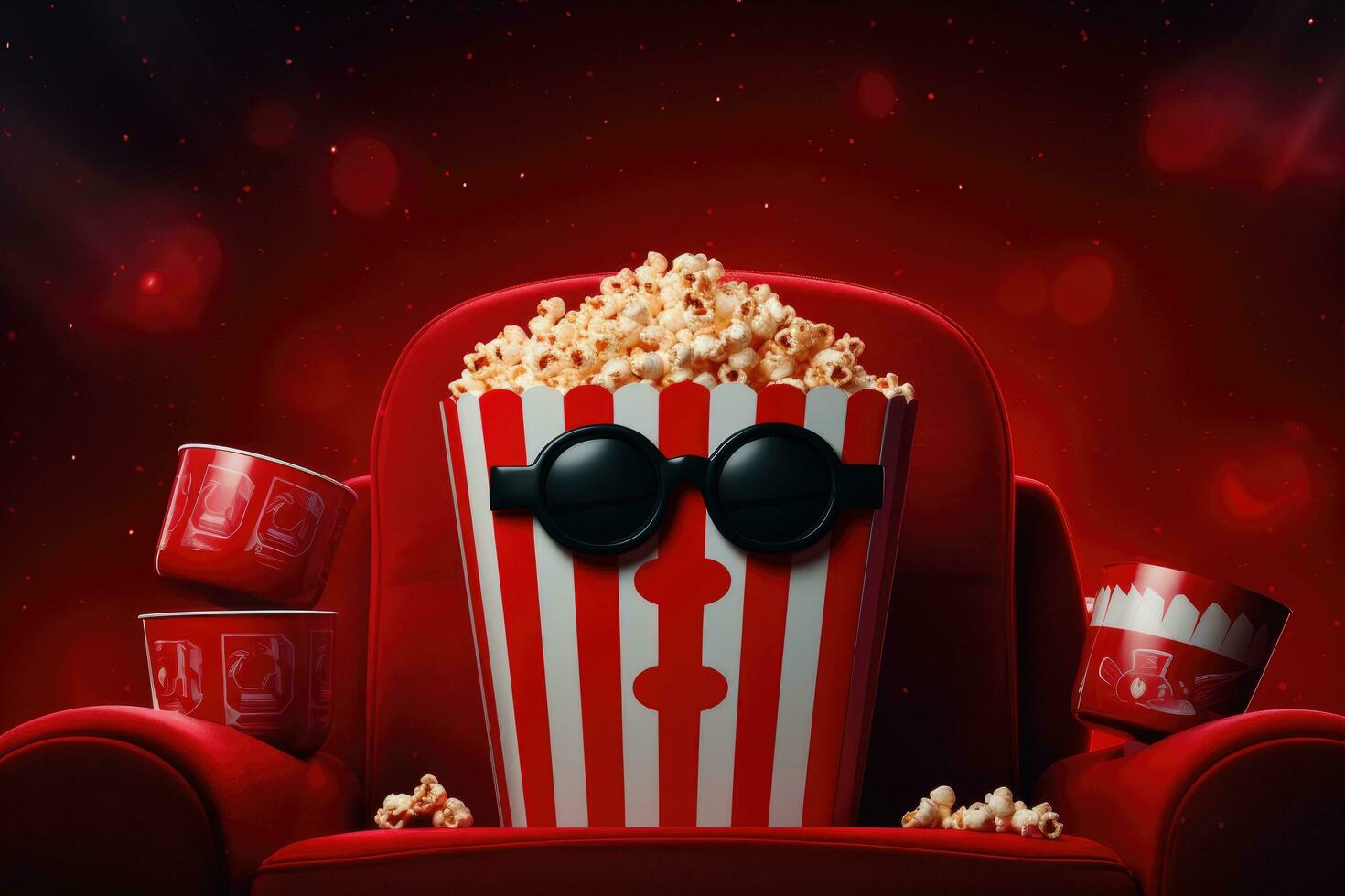 ai gegenereerd schattig kat zittend in een rood bioscoop stoel en aan het eten popcorn, banier met kat aan het kijken 3d film met popcorn zittend in rood fauteuil, ai gegenereerd foto