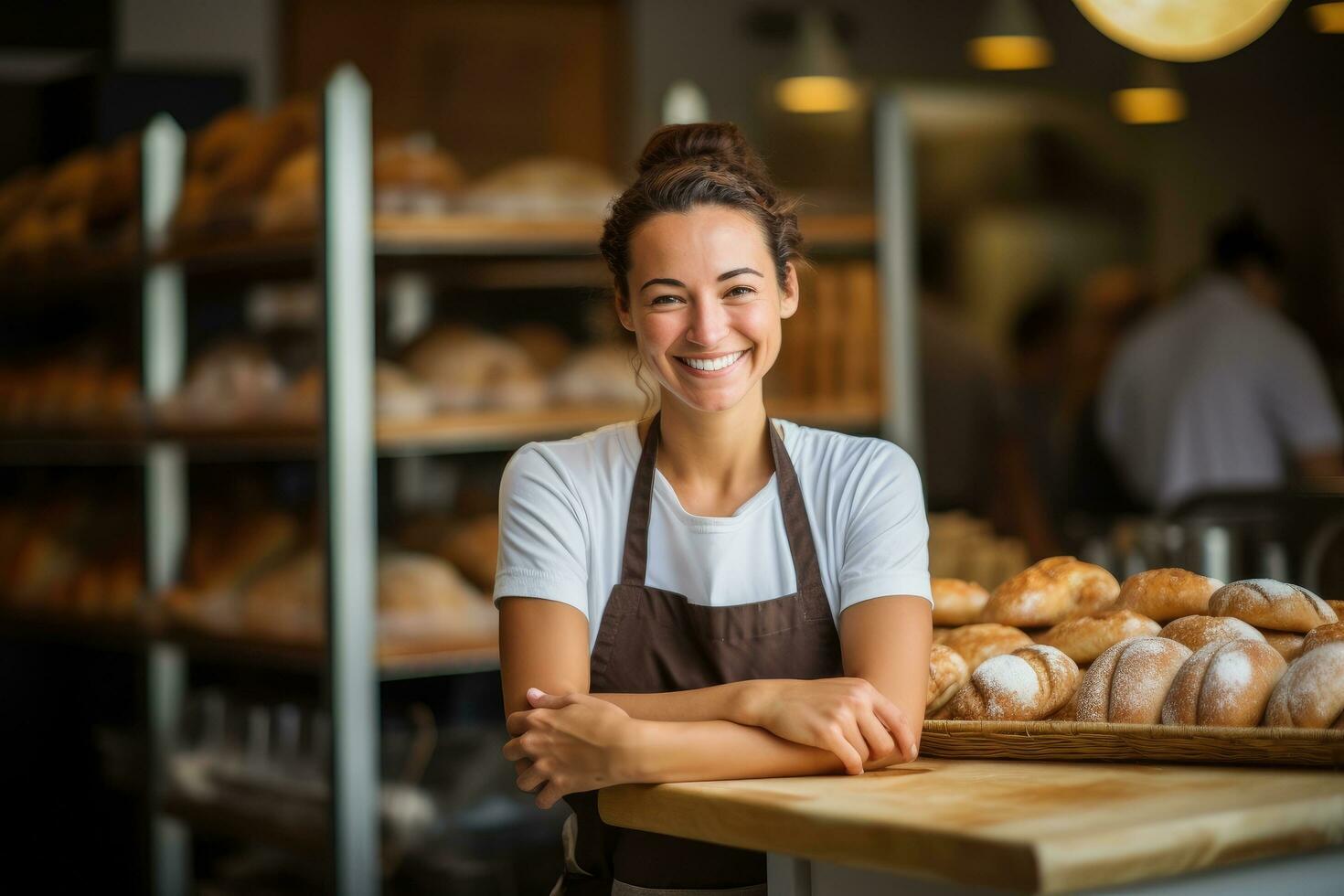 ai gegenereerd portret van glimlachen vrouw personeel staand met armen gekruiste in bakkerij winkel, bakker vrouw glimlachen in bakkerij winkel met brood, ai gegenereerd foto