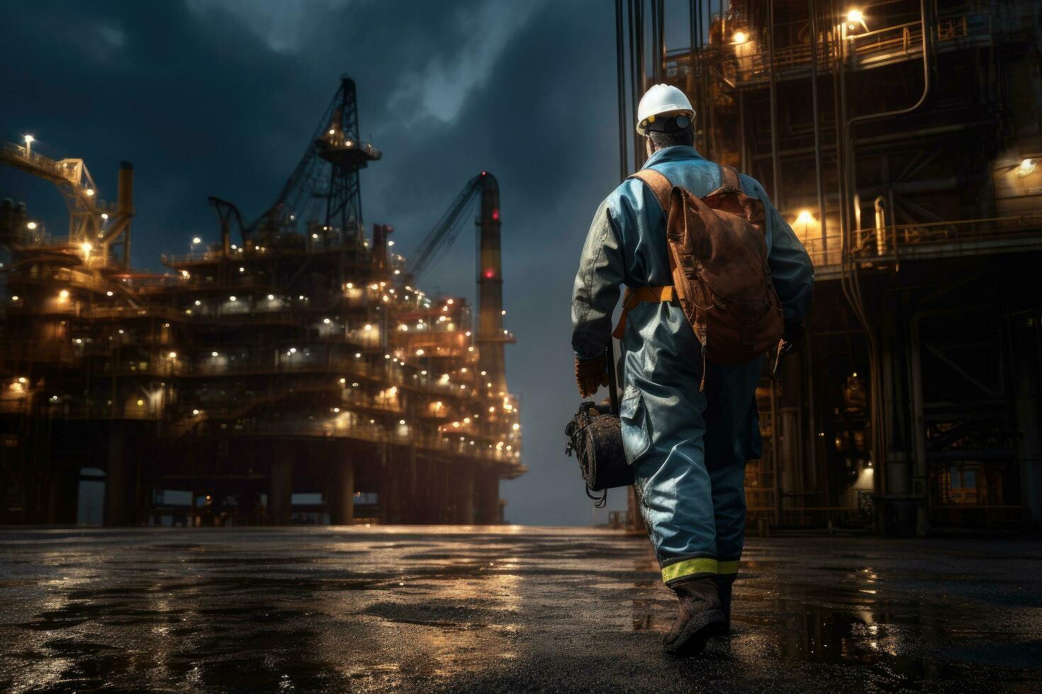 ai gegenereerd olie arbeider in de fabriek, een offshore olie tuigage arbeider wandelingen naar een olie en gas- faciliteit naar werk in de werkwijze Oppervlakte, ai gegenereerd foto