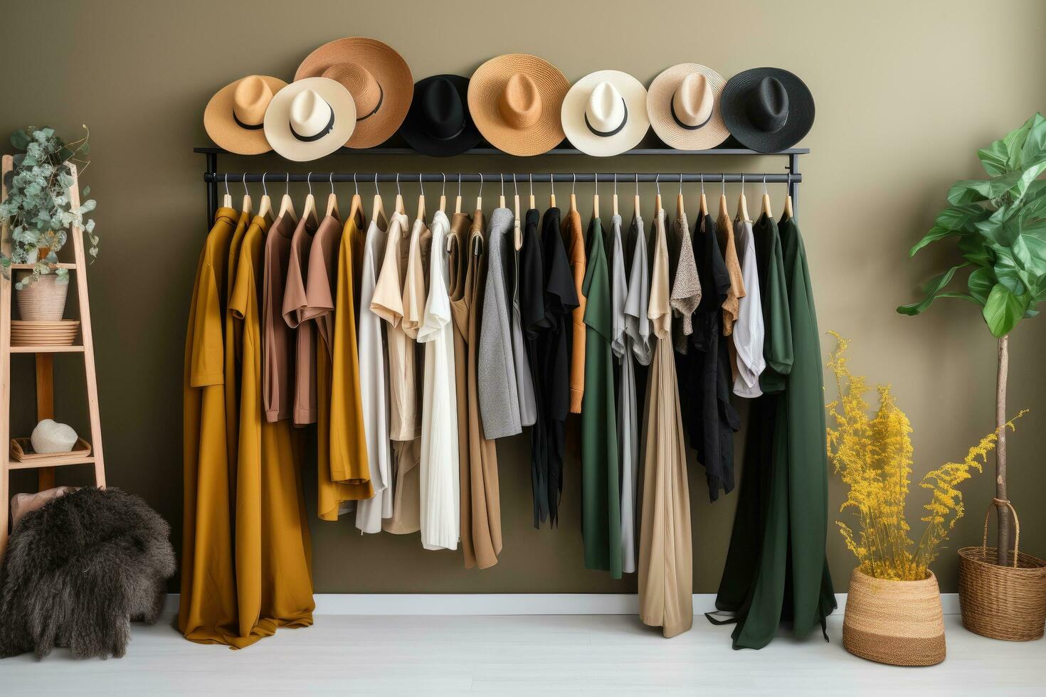 ai gegenereerd garderobe rek met elegant kleren, schoenen en accessoires. interieur ontwerp, gebouw elegant garderobe, seizoensgebonden capsule voor gemakkelijk dressing, bestellen in dingen concept, ai gegenereerd foto