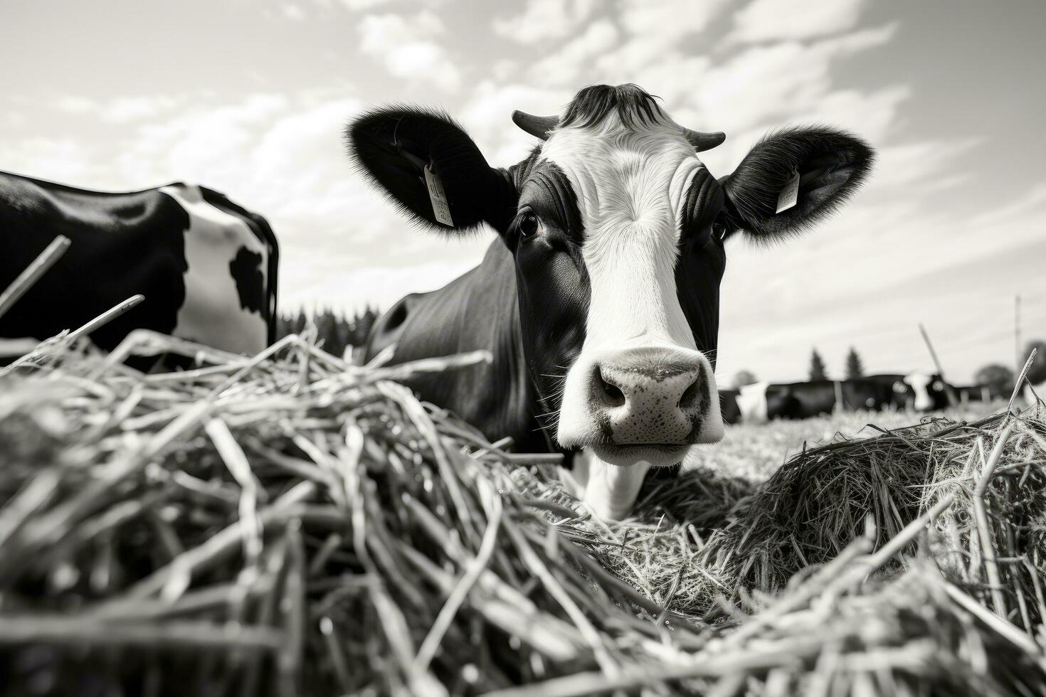 ai gegenereerd zwart en wit beeld van een koe aan het eten hooi Aan een boerderij, zwart en wit koe aan het eten hooi, voeden koeien, ai gegenereerd foto