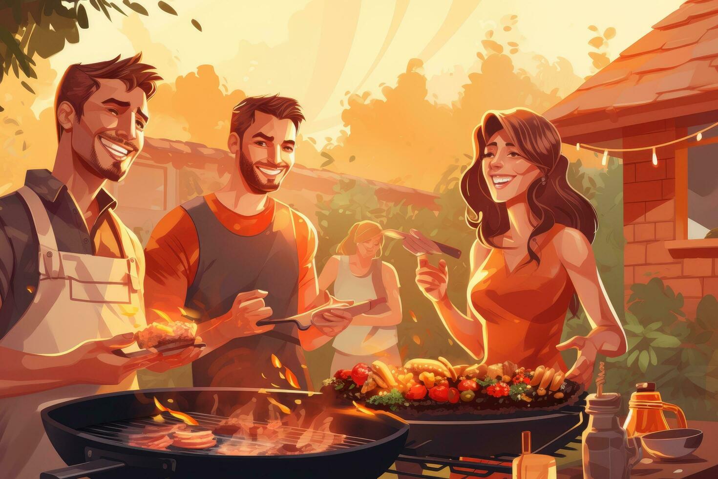 ai gegenereerd groep van vrienden hebben barbecue partij in de achtertuin. vector illustratie, barbecue Koken vrienden genieten van de voedsel en bedrijf, ai gegenereerd foto