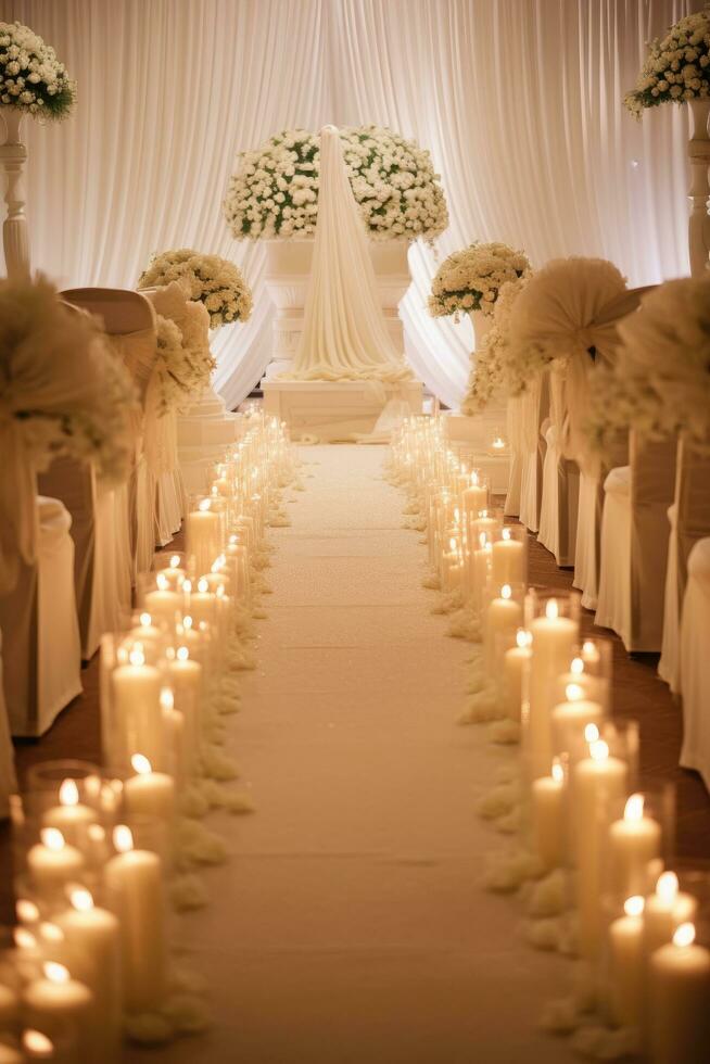 ai gegenereerd romantisch bruiloft sfeer met ringen, veter, en uitgebreid ruimte voor eeuwig belooft foto