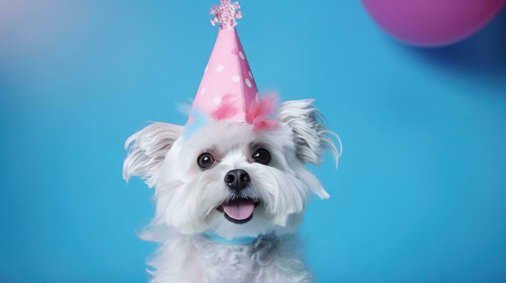 ai gegenereerd wit hond in roze partij hoed Aan blauw achtergrond foto