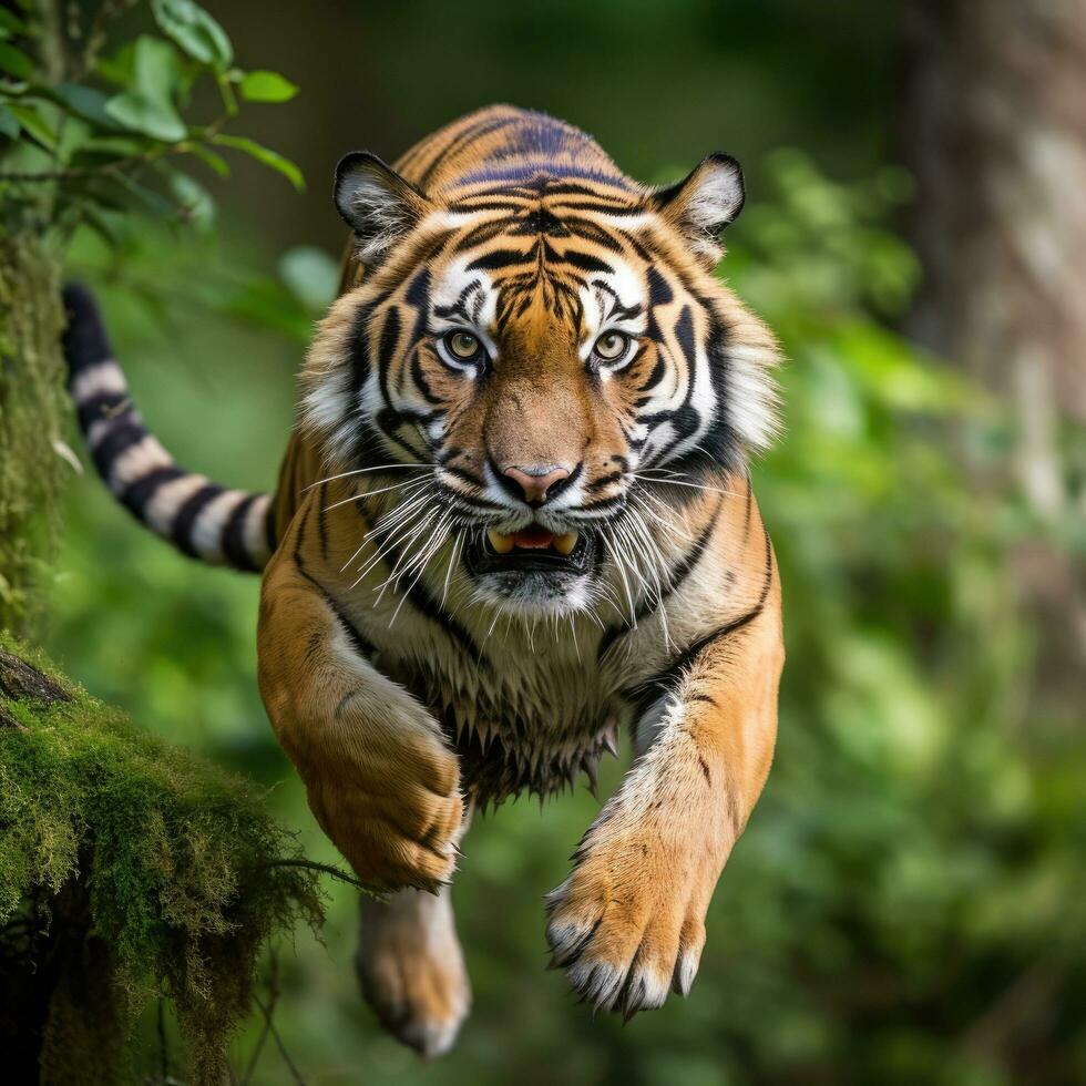 ai gegenereerd een majestueus Bengalen tijger, met haar opvallend oranje-zwart jas foto