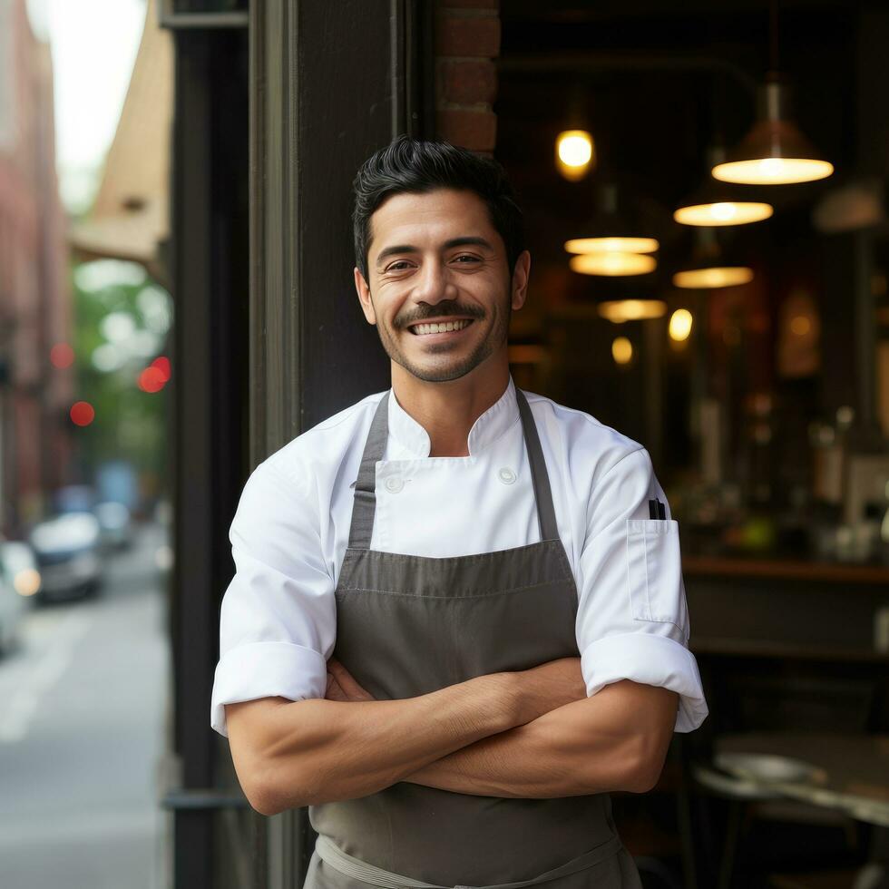 ai gegenereerd chef staand trots in voorkant van een restaurant, vervelend zijn chef-kok jasje en een groot glimlach foto