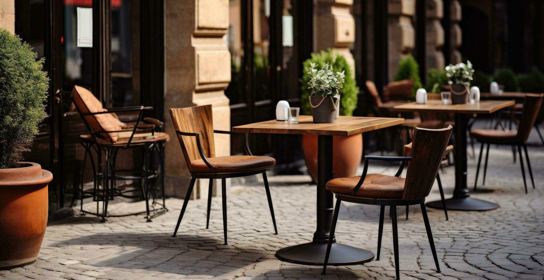ai gegenereerd een trottoir met drie cafe tafels en stoelen Aan een patio foto