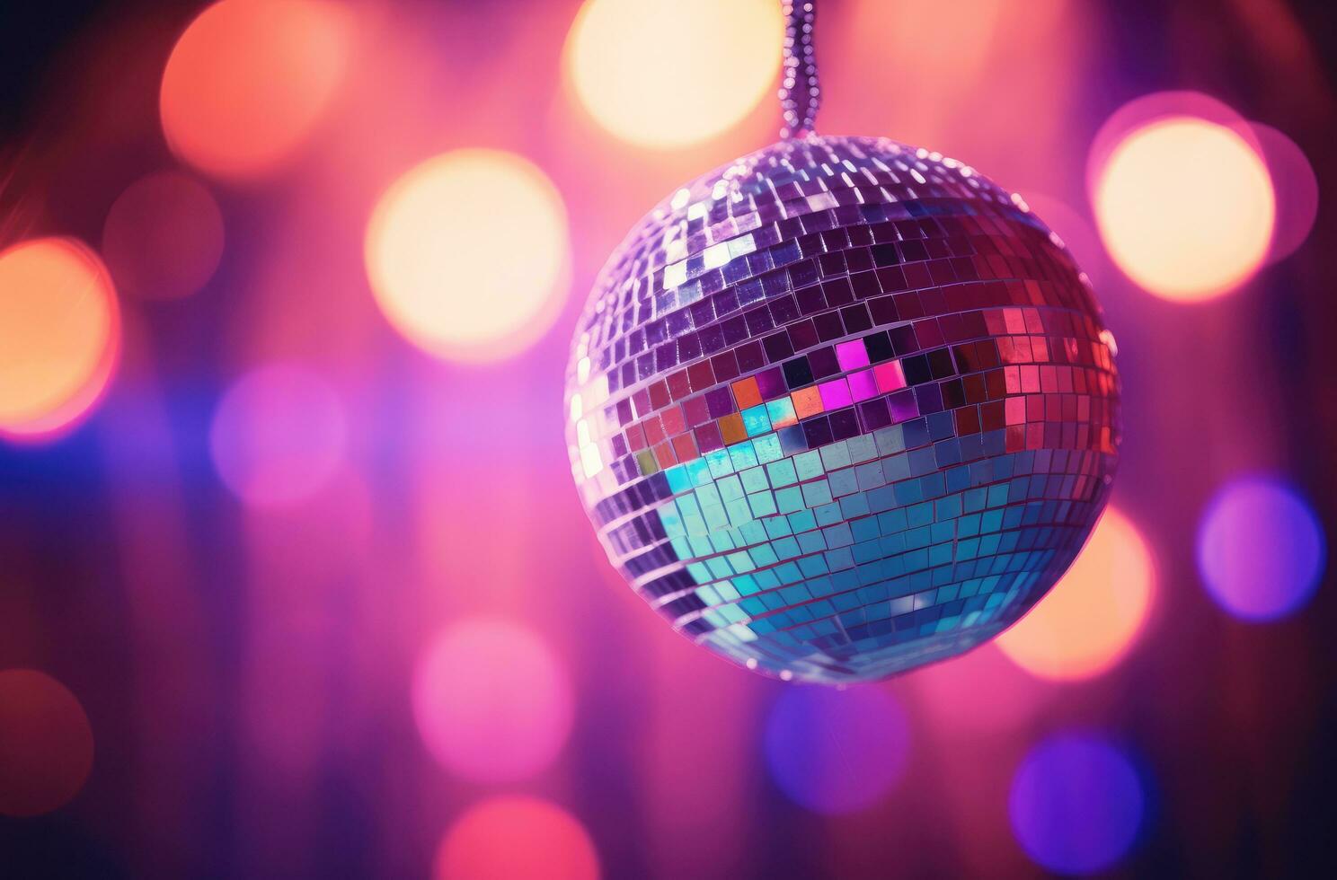 ai gegenereerd disco bal in voorkant van een kleurrijk achtergrond foto