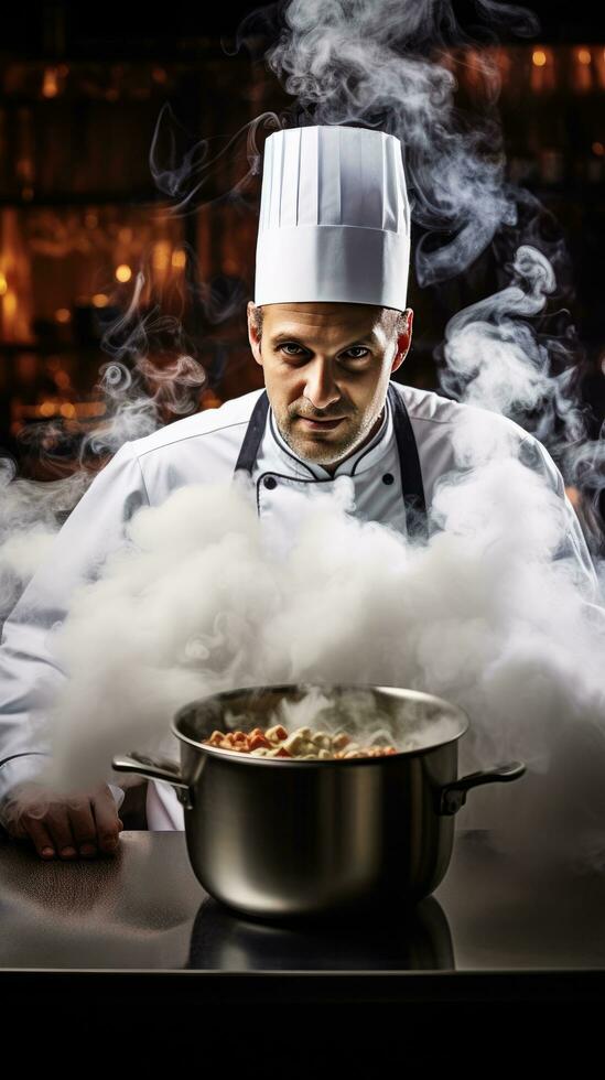 ai gegenereerd een chef Holding een stomen pot van soep, met stoom- stijgende lijn in de omgeving van zijn gezicht foto