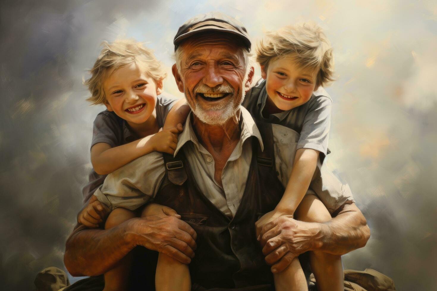 ai gegenereerd gelukkig opa en kleinkinderen in de park, lachend, een ouderen Mens en zijn kleinkinderen zijn gelukkig samen, ai gegenereerd foto