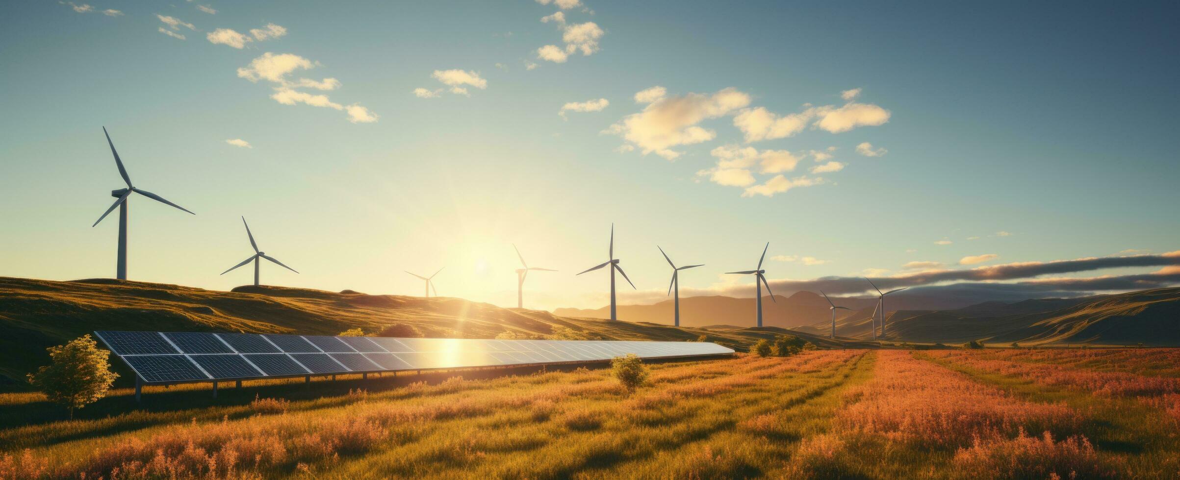 ai gegenereerd zonne- lambrisering en windmolens in een veld- foto