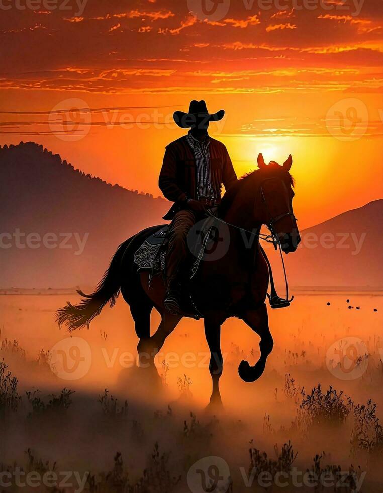 ai gegenereerd silhouet kunst beeld van een cowboy rijden een paard in een breed veld- foto