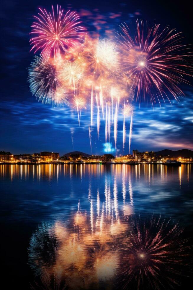 ai gegenereerd visie van vuurwerk verlichting omhoog de lucht bovenstaand een rivier, met de reflectie van de kleuren Aan de water foto