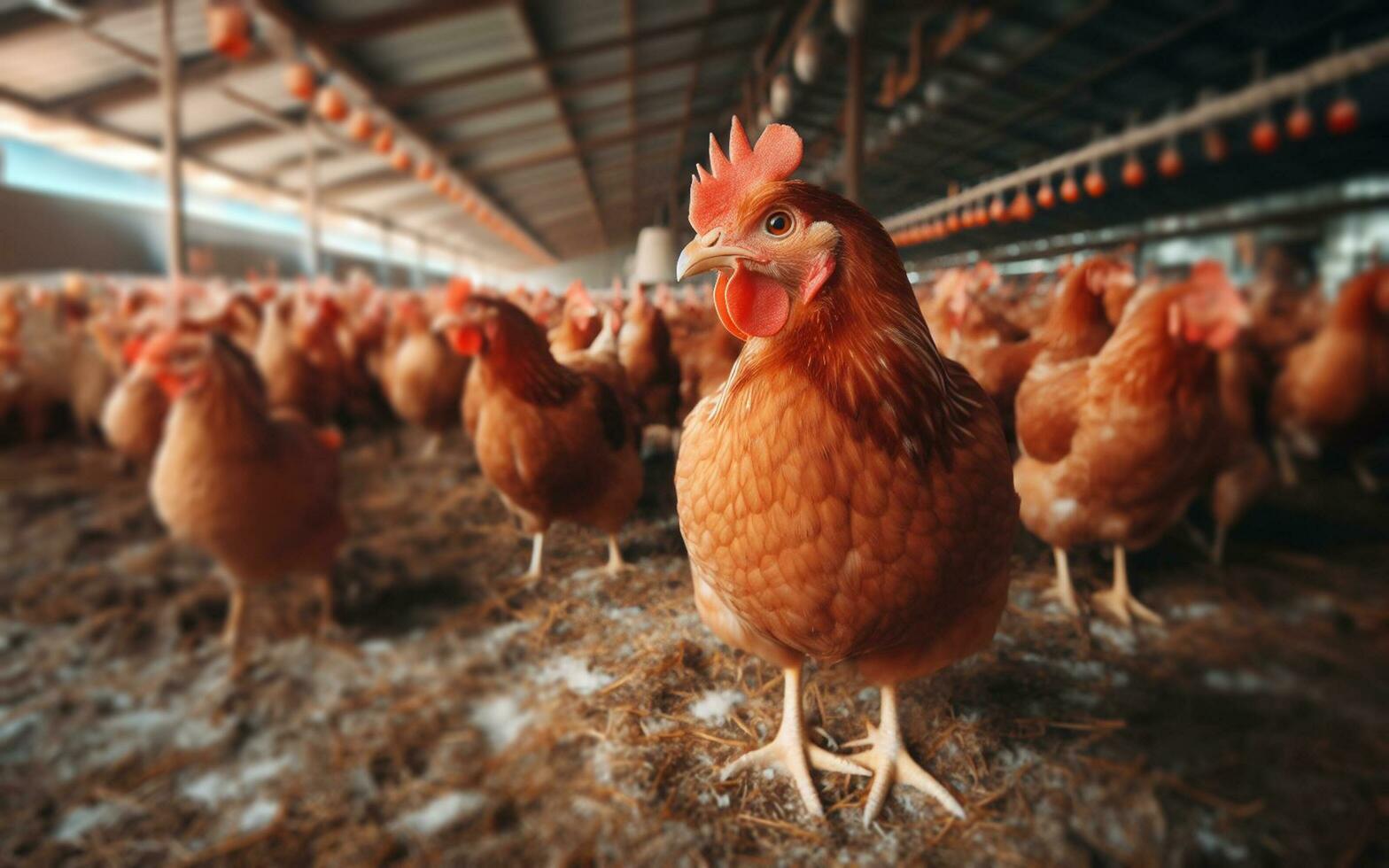 ai gegenereerd kip boerderijen, grootschalige vee productie, kippen in hokken, vlees industrie foto