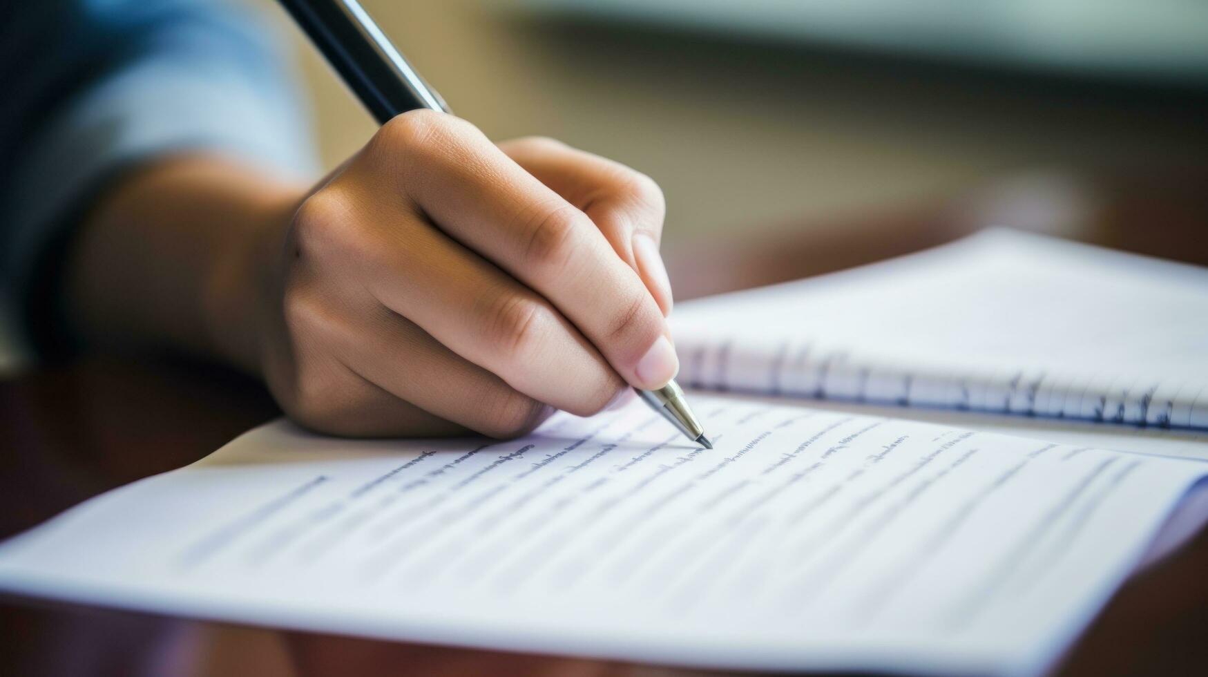 ai gegenereerd studenten hand- schrijven aantekeningen Aan een stuk van papier met een pen. foto