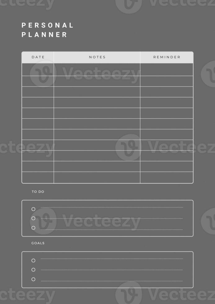 notitieboekje Pagina's voor notities, doelen en naar Doen lijst. persoonlijk ontwerper bladzijde sjabloon. wekelijks schema bladzijde. foto