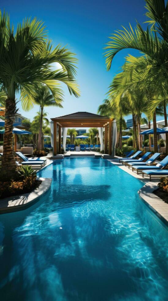 ai gegenereerd een hoogwaardig resort-stijl zwembad met elegant cabanas en sprankelend blauw water foto