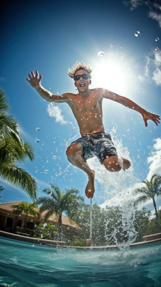 ai gegenereerd dramatisch actie schot van iemand jumping in de zwembad, vastleggen de opwinding van zomer zwemmen foto