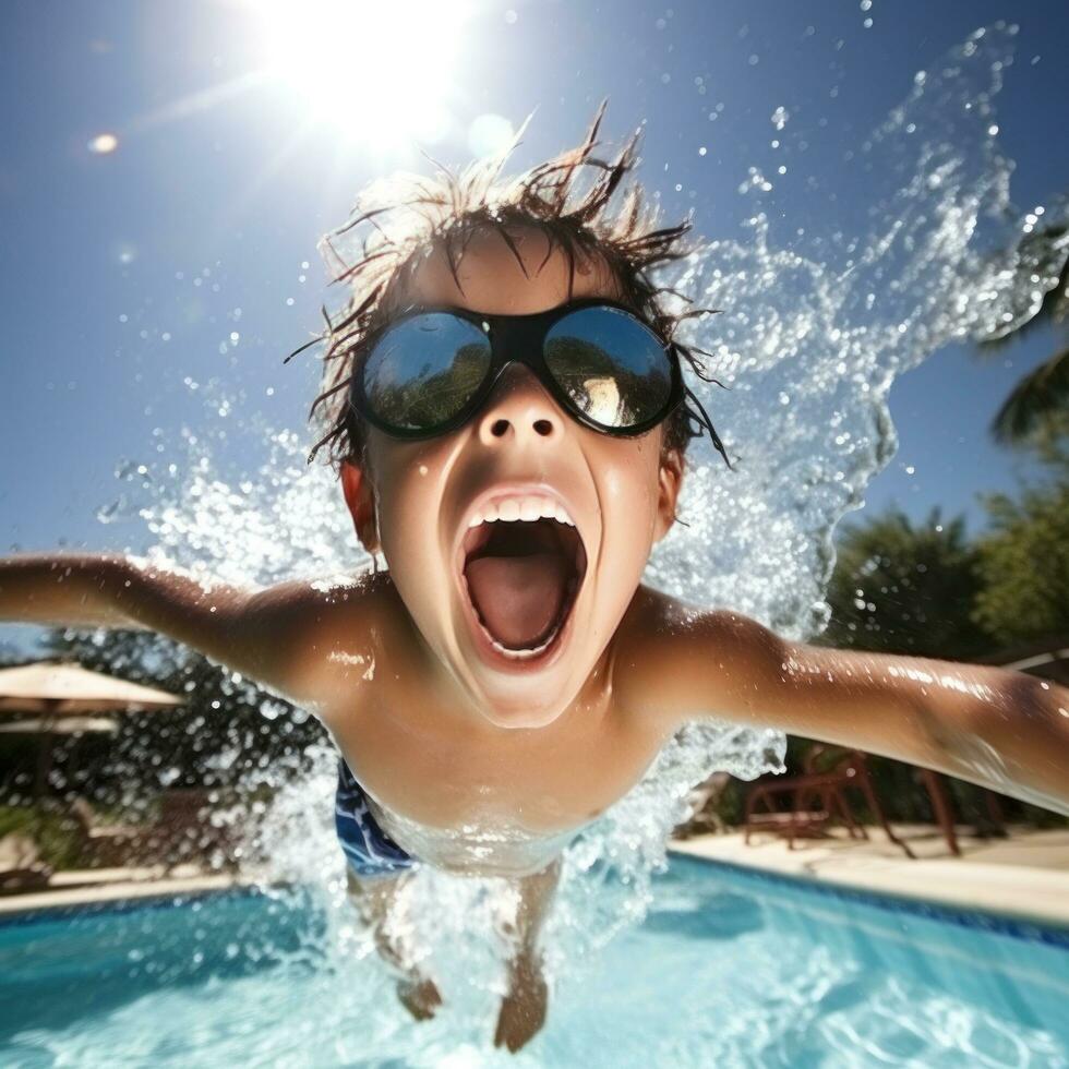 ai gegenereerd dramatisch actie schot van iemand jumping in de zwembad, vastleggen de opwinding van zomer zwemmen foto