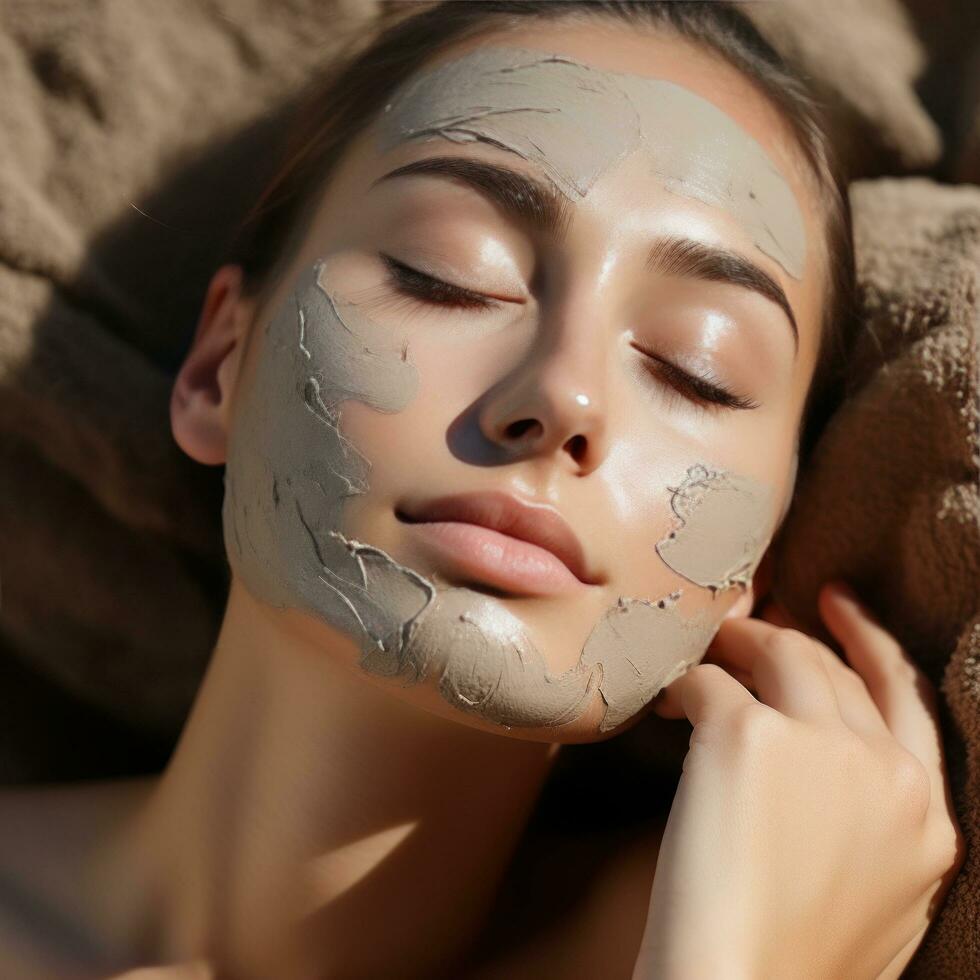 ai gegenereerd vrouw gezicht met een klei masker Aan. de masker is een licht bruin kleur en is drogen Aan haar huid foto