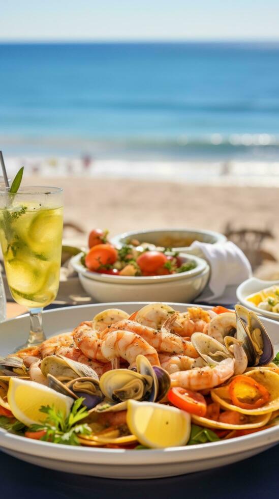 ai gegenereerd bord van heerlijk zeevruchten voorgerechten geserveerd Aan een strand tafel met een pittoreske visie van de zee foto