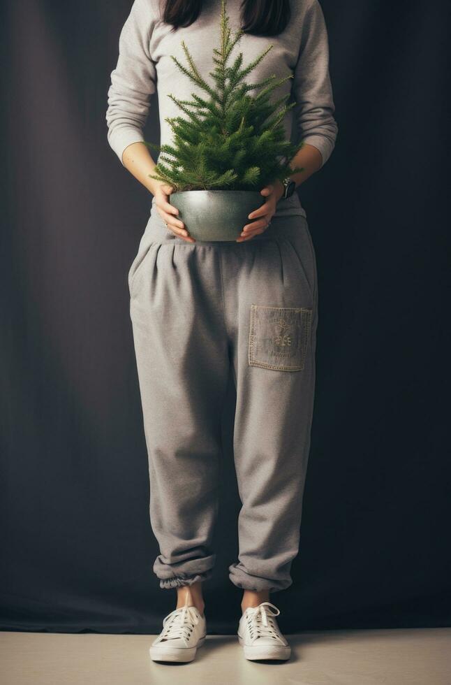 ai gegenereerd een vrouw is Holding een pot met een Kerstmis boom foto