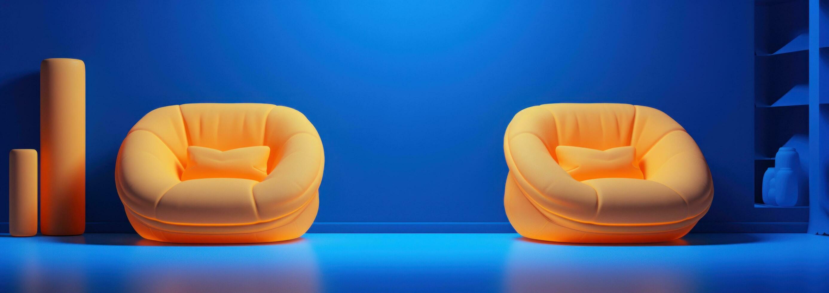 ai gegenereerd blauw stoelen gepositioneerd in een blauw kamer met geel kussens foto