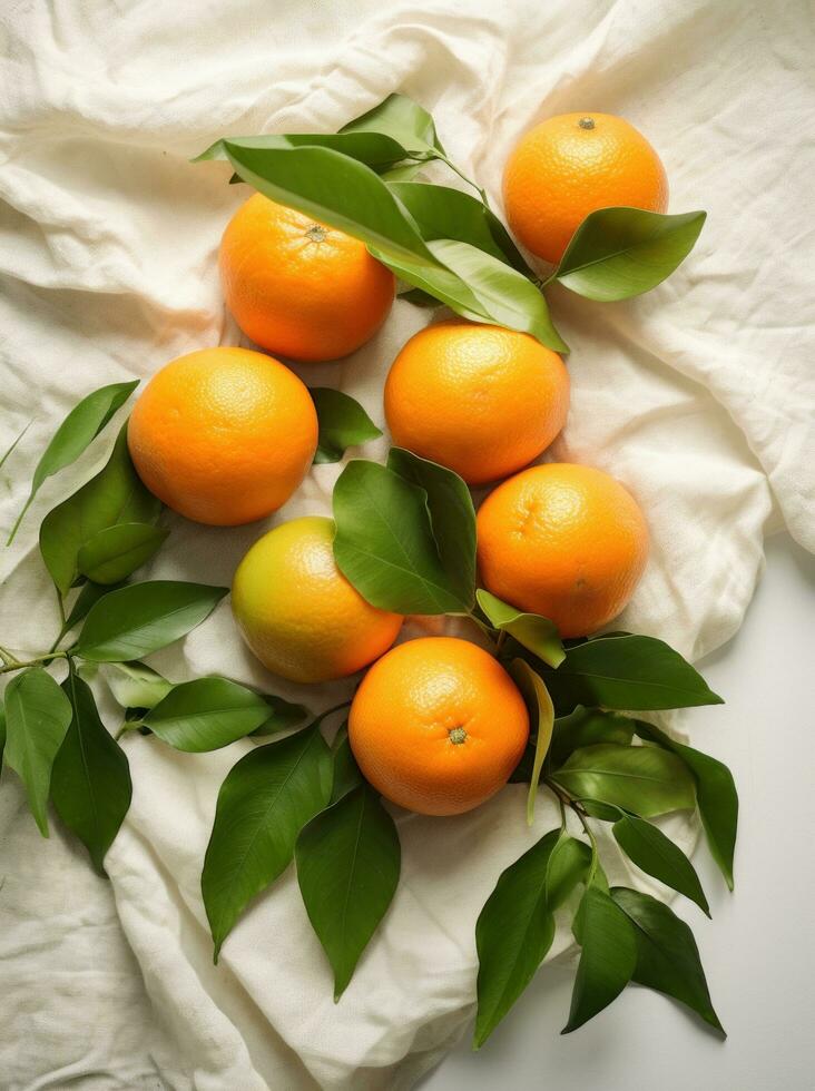 ai gegenereerd acht mandarijnen Aan wit lap, met groen bladeren, elke dag kortstondig, biologisch materiaal foto