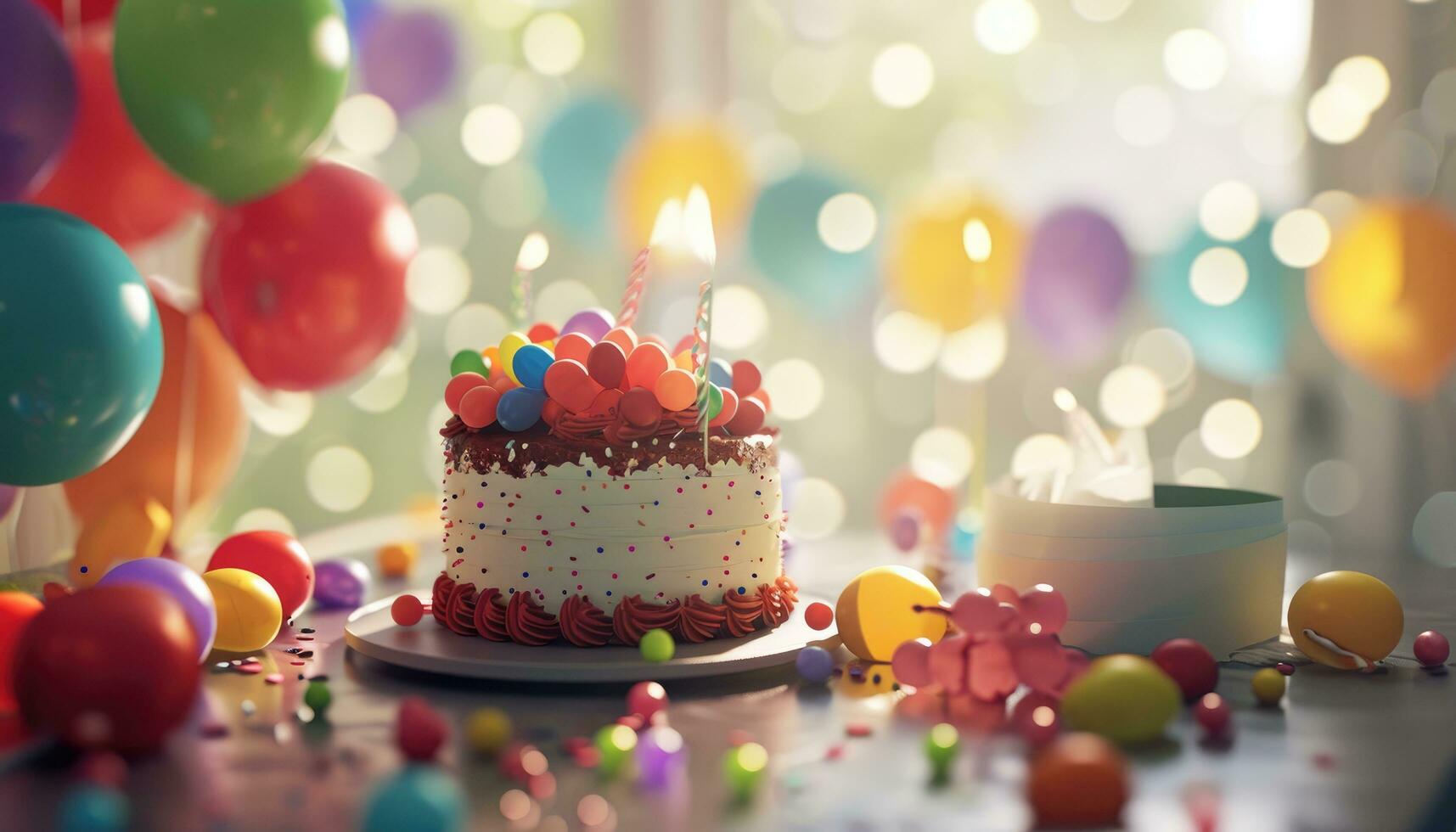 ai gegenereerd een verjaardag taart zittend Aan een tafel met ballonnen foto