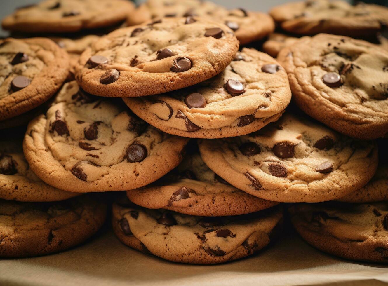 ai gegenereerd een stack van chocola spaander koekjes met chocola chips dichtbij naar elk andere foto