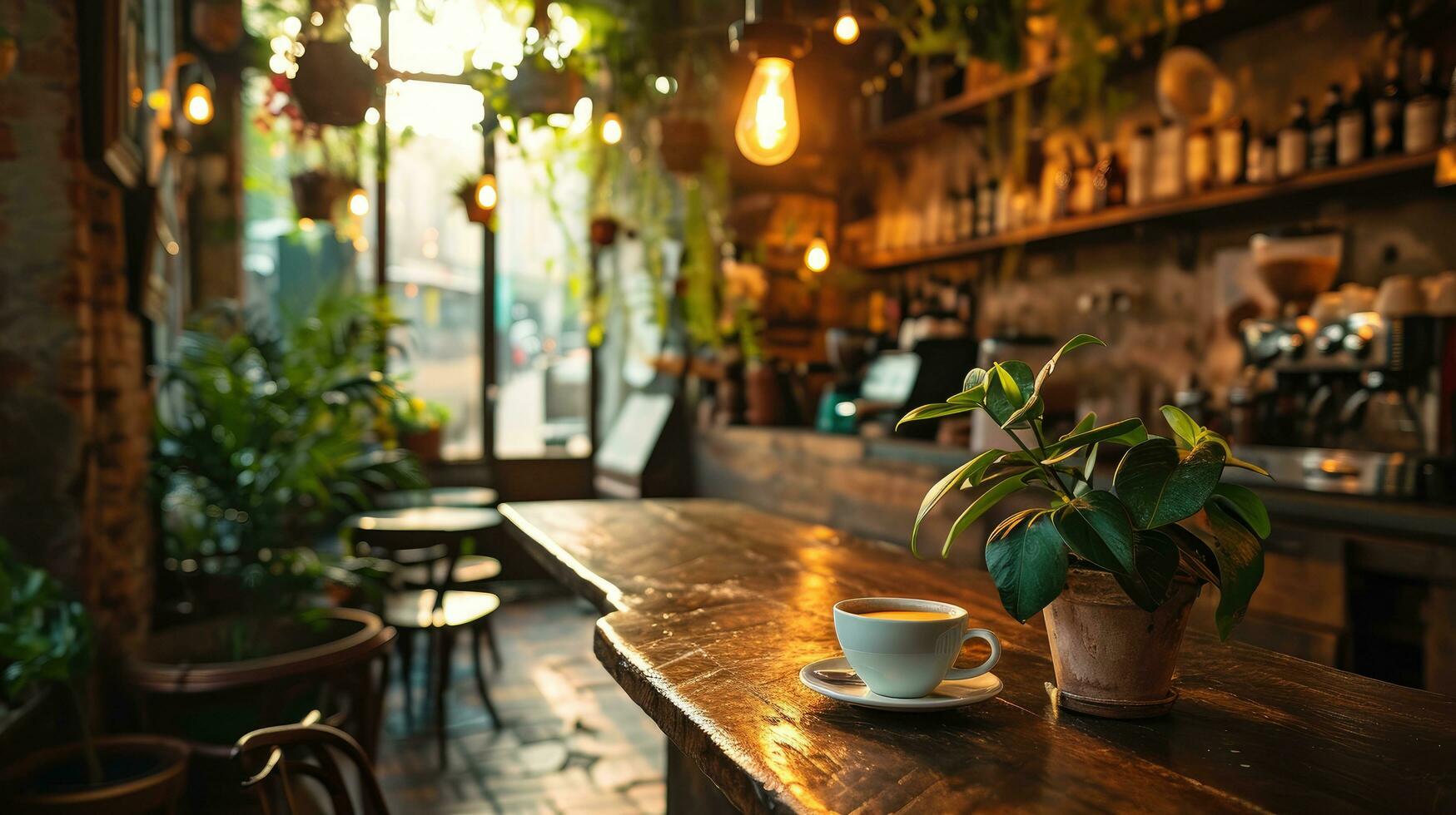 ai gegenereerd een esthetisch studio koffie winkel interieur met een koffie kop en fabriek foto