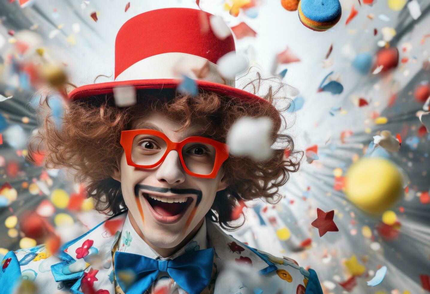 ai gegenereerd weinig clown met confetti hoed Aan wit achtergrond foto