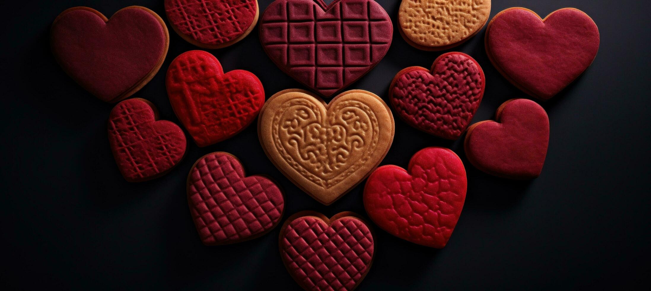 ai gegenereerd divers rood biscuits in een cirkel van harten, emotioneel complex, comfortabele kern foto
