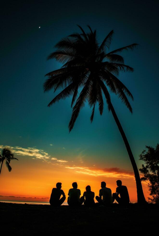 ai gegenereerd zonsondergang groep van mensen door een palm boom foto