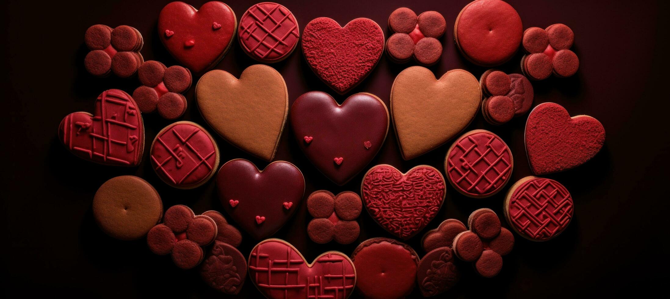 ai gegenereerd divers rood biscuits in een cirkel van harten, emotioneel complex, comfortabele kern foto