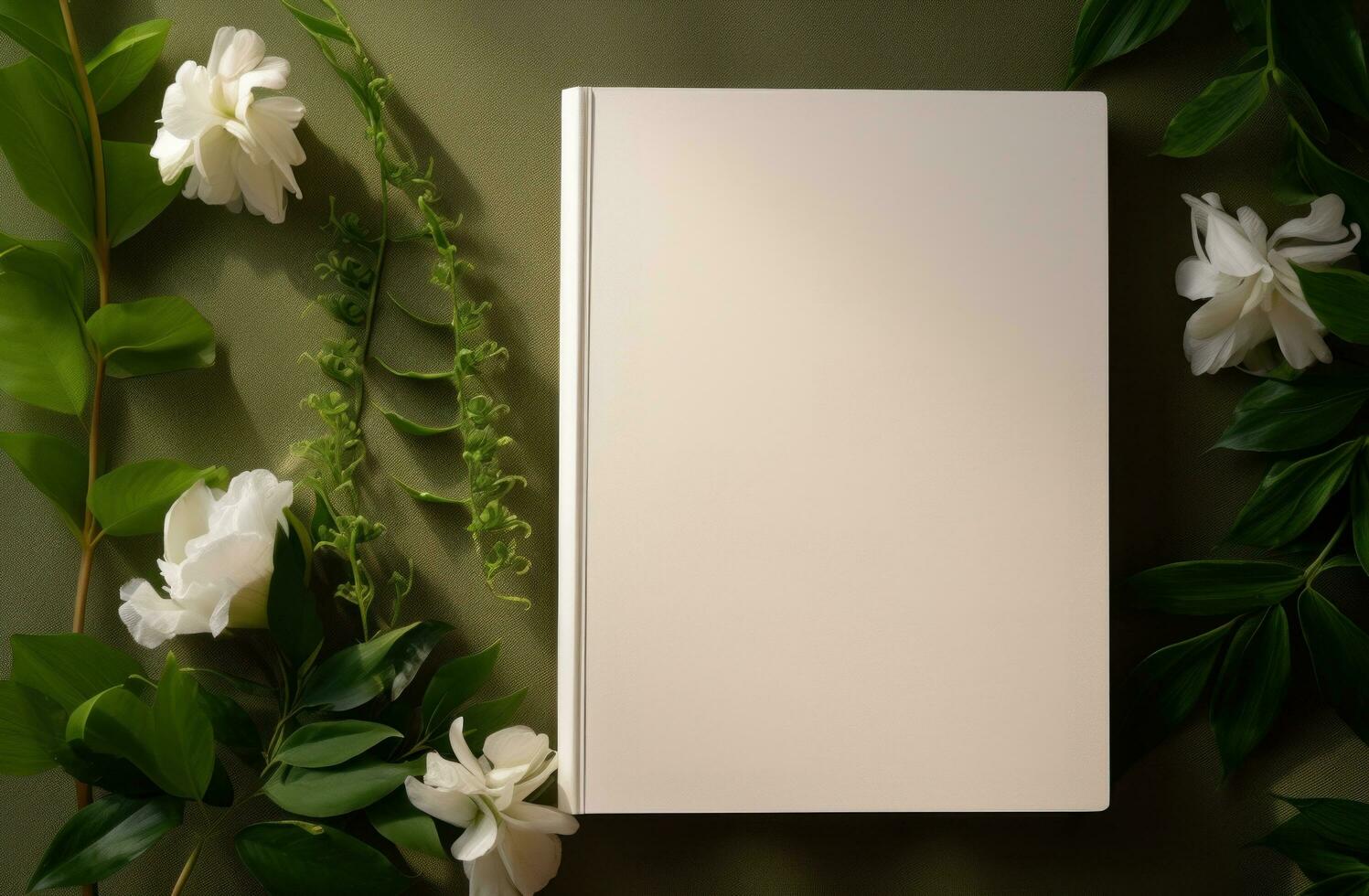 ai gegenereerd een wit blanco boek omringd door groen bladeren foto
