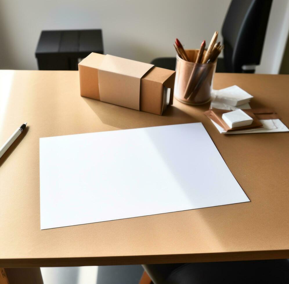 ai gegenereerd de groet kaart is Aan een tafel in voorkant van de leeg karton foto