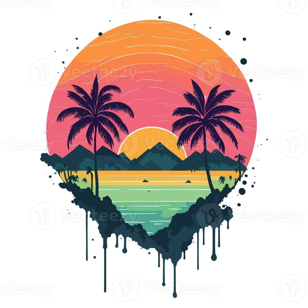 ai gegenereerd tropisch zonsondergang over- de zee oranje lucht en palm bomen foto
