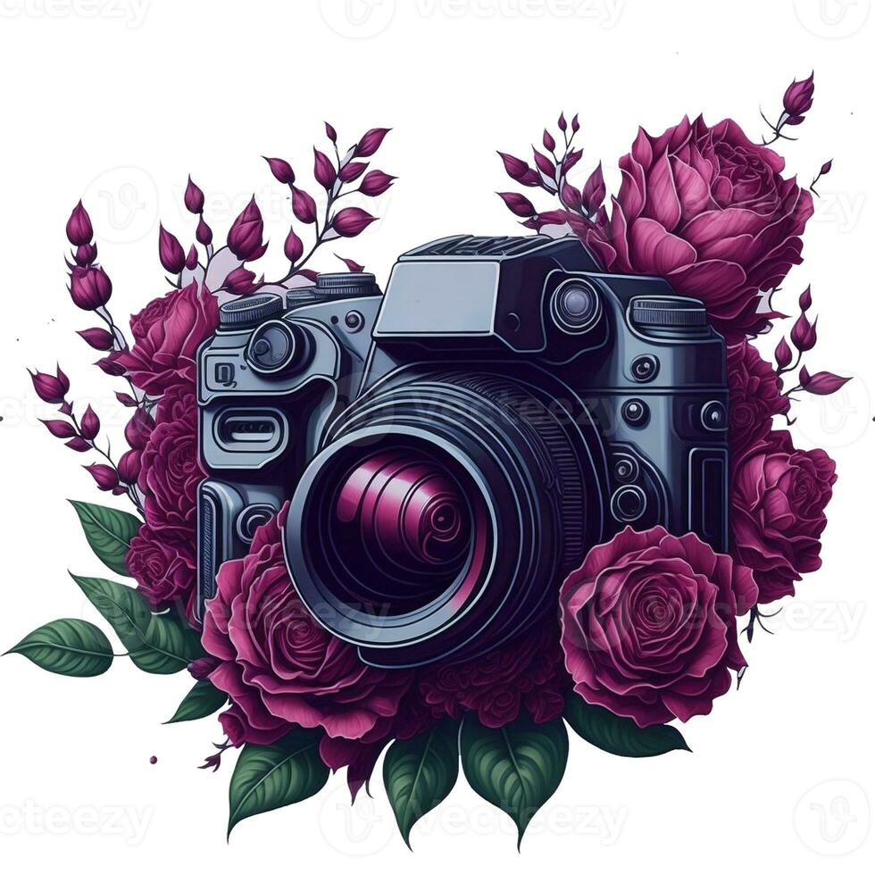 ai gegenereerd slr camera in bloemen Aan wit achtergrond foto