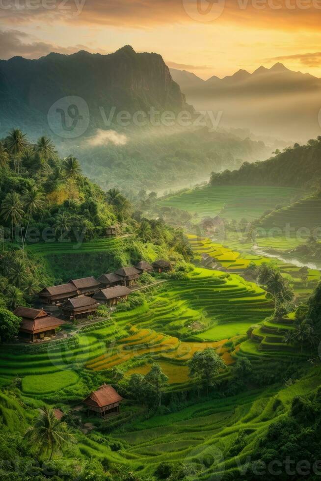 ai gegenereerd majestueus zonsopkomst over- terrasvormig rijst- velden genesteld tussen weelderig groen heuvels gegenereerd door ai foto