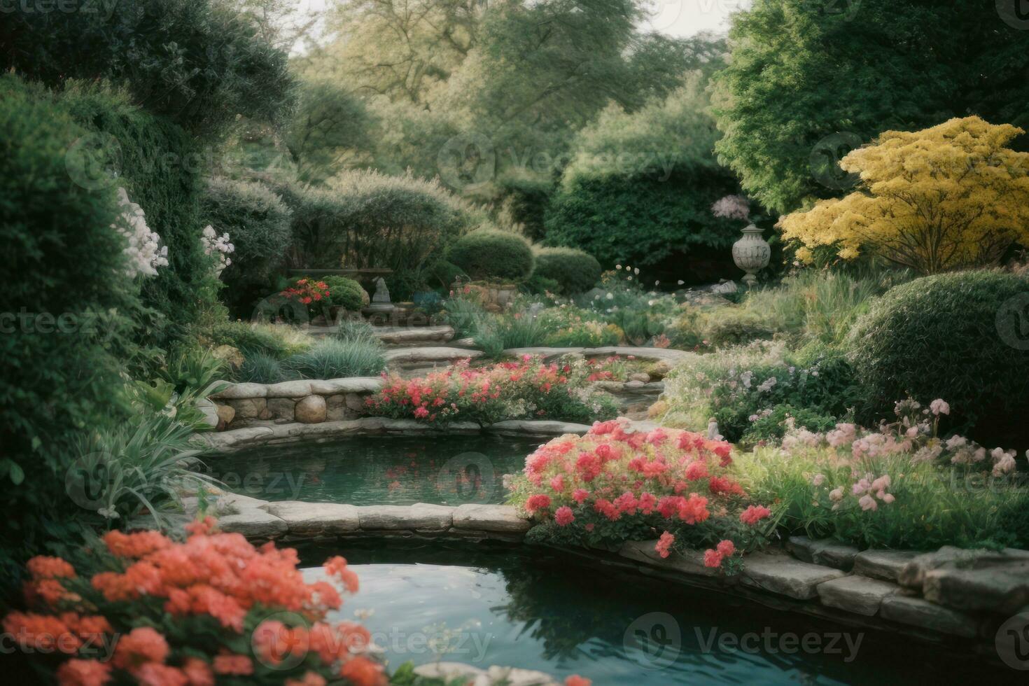 ai gegenereerd rustig tuin tafereel met een verscheidenheid van kleurrijk bloemen in bloeien generatief door ai foto