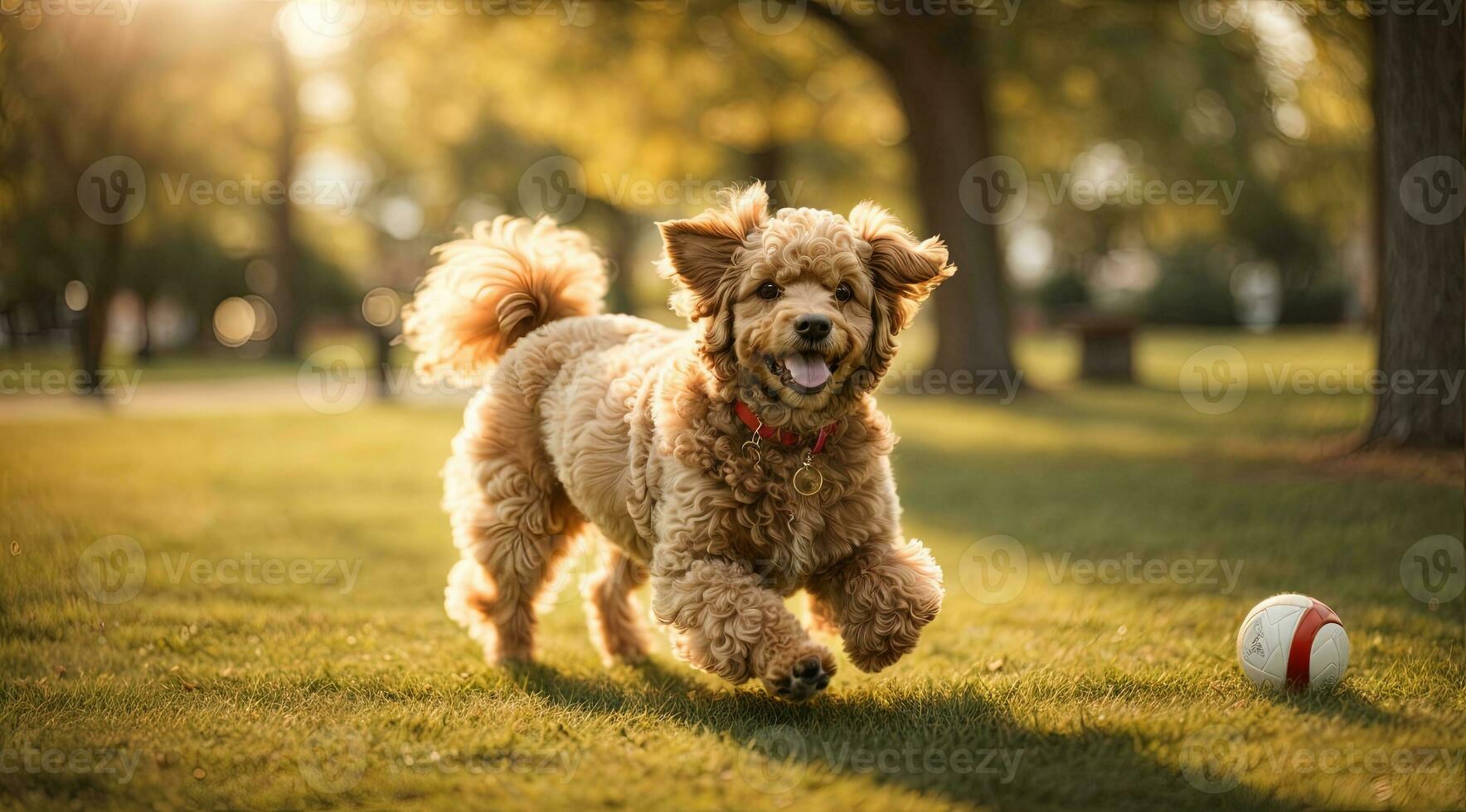 ai gegenereerd blij hond rennen naar de camera in een zonnig park met een bal aan het liegen generatief door ai foto