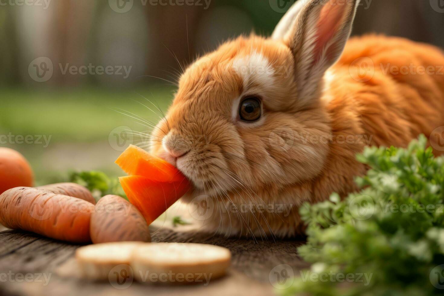 ai gegenereerd een schattig konijn omringd door vers wortels Aan een rustiek houten oppervlakte generatief door ai foto