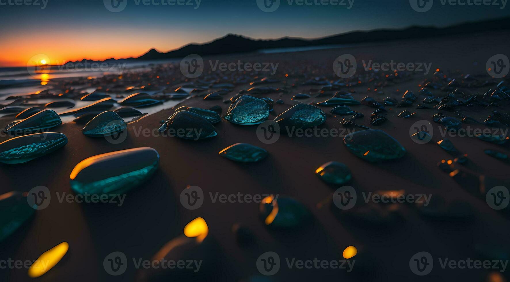 ai gegenereerd glad stenen in een lijn Aan een strand Bij zonsondergang met reflecties levendig lucht kleuren generatief door ai foto